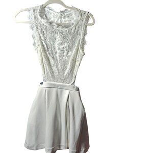 Bebe White Lace & Satin Sleeveless Cocktail Dress With Open Back & Pleated Skirt